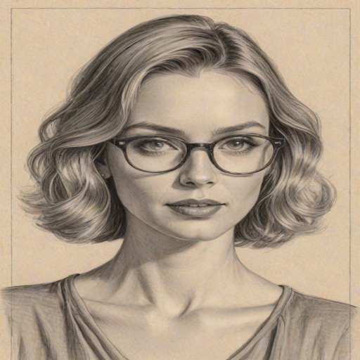 Sublime April Bowlby, pencil sketch, portrait of Radiant woman 1931s in glasses, hair style beatnik, outline, clear lines, fine lines, 8k