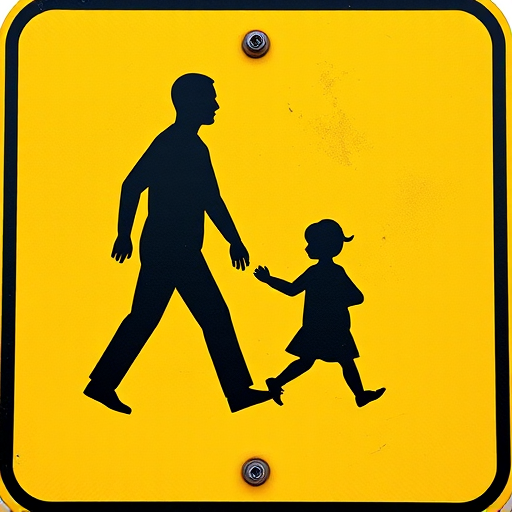 Regenerate the image of a pedestrian crossing sign featuring an adult and a child in a simplified black silhouette on a bright yellow background, shot with a DSLR camera at f/8 aperture, ISO 100, 1/250 sec shutter speed, using a wide-angle lens from a front view to enhance clarity and detail.