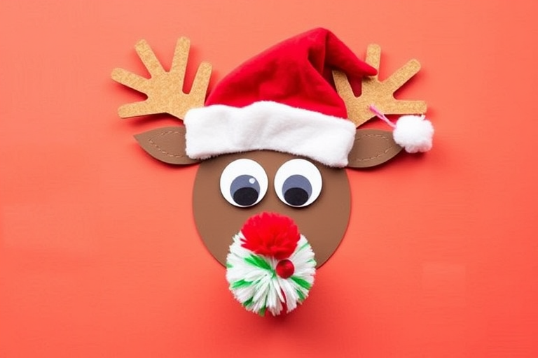 Create a playful holiday-themed image featuring a reindeer face made from various craft materials. The reindeer should have a red Santa hat, large googly eyes, and a colorful pom-pom nose. The background should be a solid, vibrant color to enhance the festive look.