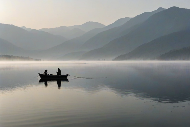 Low-contrast, foggy morning scene of a small fishing boat on a still lake, the silhouette of the fisherman barely visible, mist rising from the water, distant mountains blurred by the fog, the sound of quiet ripples as the boat gently rocks.
