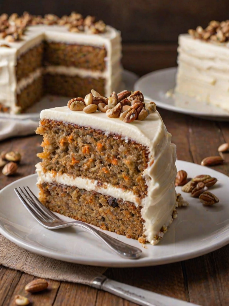 Generate an image of a slice of layered carrot cake with cream cheese frosting, featuring visible layers of cake and frosting, garnished with chopped nuts and a decorative swirl of frosting on top. The background should have a rustic wooden table setting with a blurred cake in the background.