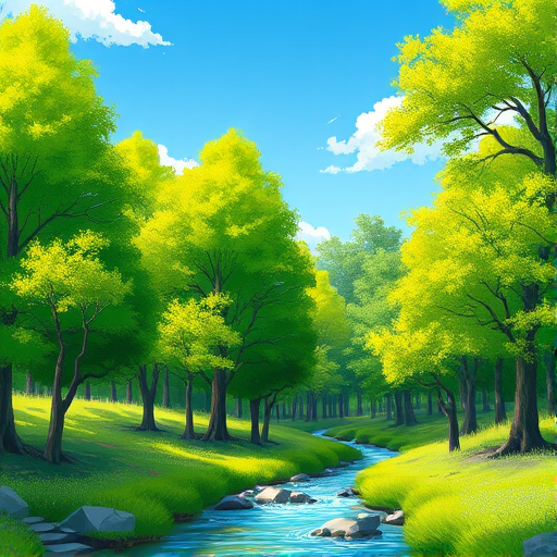 Create a high-resolution digital illustration of a serene forest scene with vibrant green trees, a clear blue sky, and a gentle stream flowing through. Use a DSLR camera with an aperture of f/2.8, a shutter speed of 1/125 seconds, and an ISO of 100. Shoot from a low angle perspective to capture depth, in natural sunlight for enhanced colors.