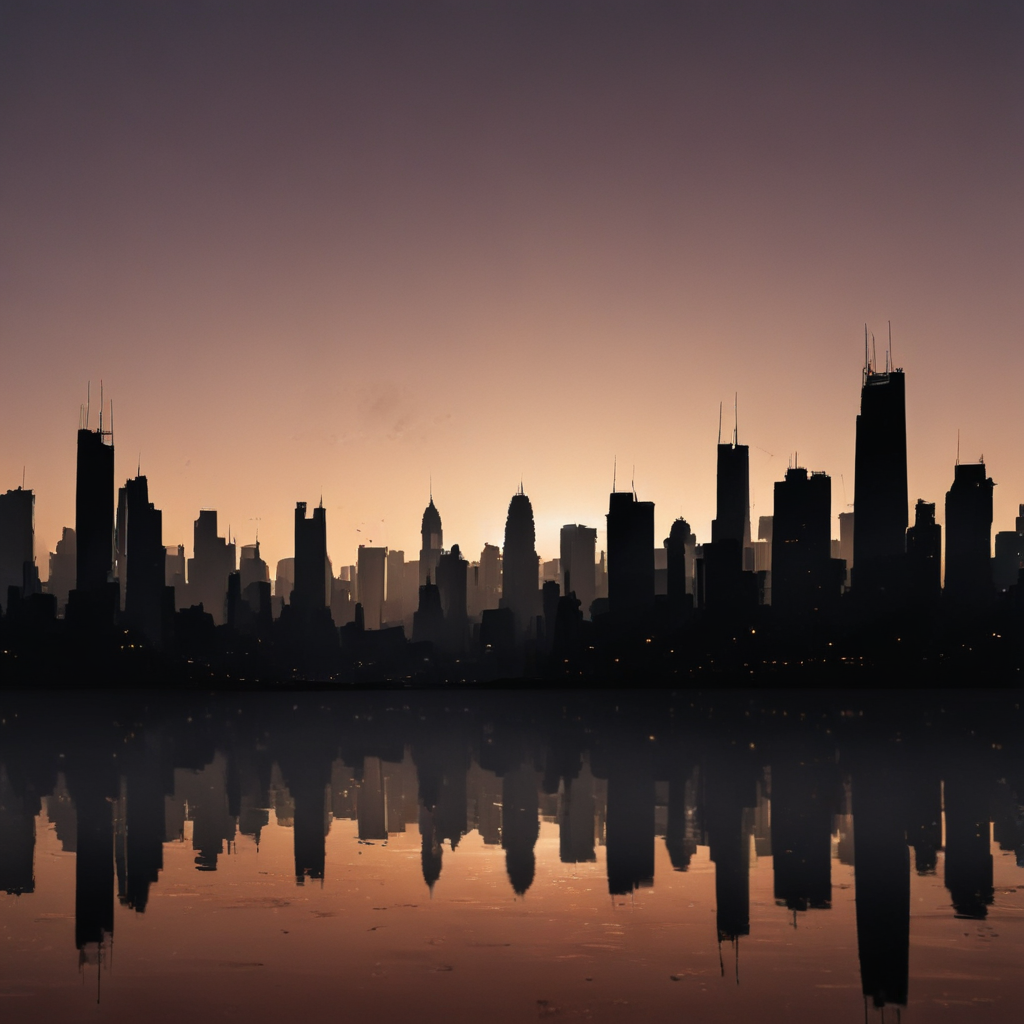City Skyline at Dusk with Stunning Reflection in Calm Water Below
