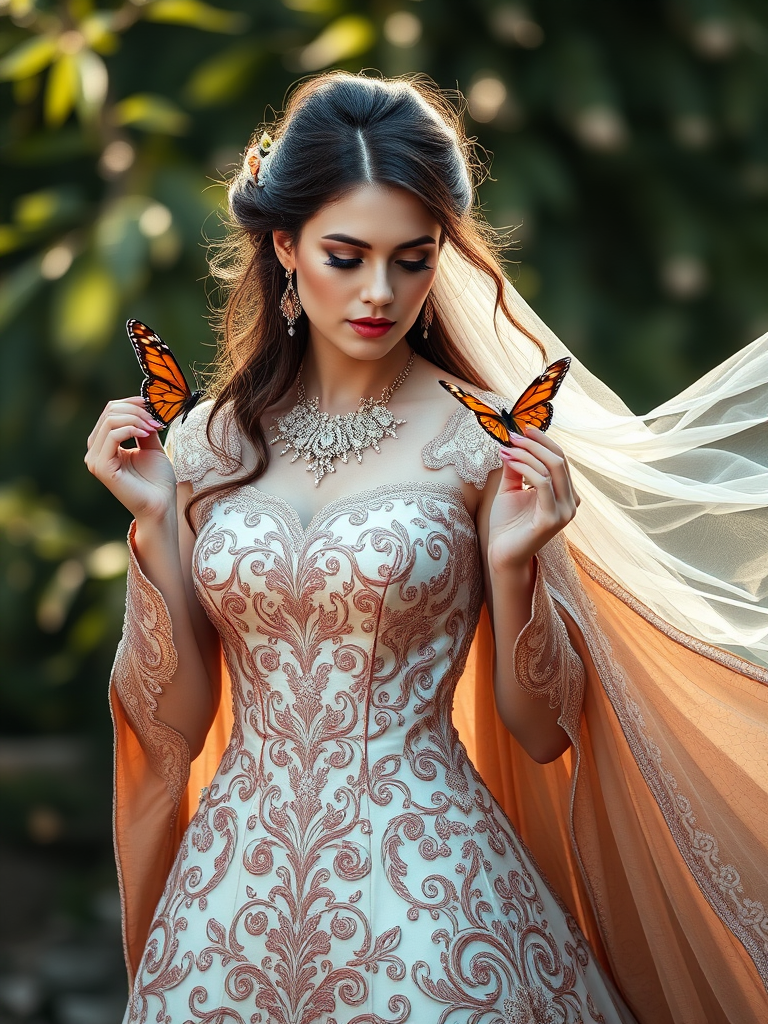 Generate an image of a woman in an ornate gown with intricate designs and a flowing cape, holding a butterfly, in a soft focus, natural lighting, 85mm lens, f/2.8 aperture, shot from a low angle for depth, using a DSLR camera for high clarity and detail.