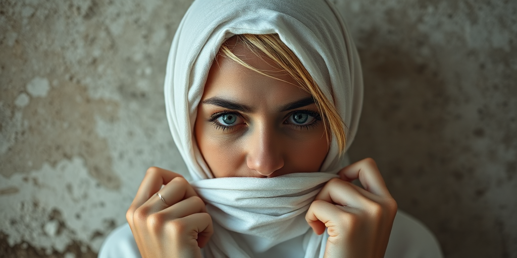 Create a close-up photographic image of a Armenian woman with light skin tones shown against an old, worn wall. Their head is wrapped in a white cloth covering (i.e.... parts of the head except the nose and mouth, which are open as if they are screaming...), with a slight texture and visible folds in the fabric. Thin strands of blonde hair escape from the wrapping above, falling lightly at the top and sides. Their hands hold the fabric as if they are tugging nervously. The lighting is dramatic and even, casting strong shadows. The image has a minimalist and surreal style with an emphasis on simplicity with soft color tones. The composition is centered.