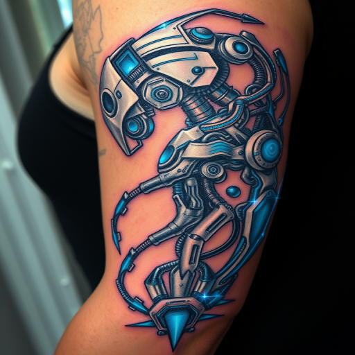 Biomechanical tattoo called "Cybernetic Evolution" blending organic forms with mechanical elements in shades of metallic silver and electric blue to create a futuristic cyborg-inspired design