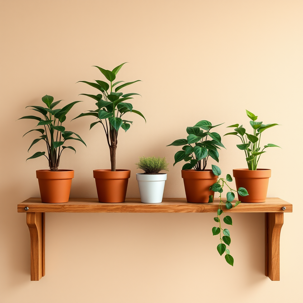 Regenerate an image of four potted plants on a wooden shelf against a beige background, using a Canon EOS R5 camera with an 85mm lens, f/2.8 aperture, ISO 100, and soft focus to enhance the color vibrancy and detail of the plants.