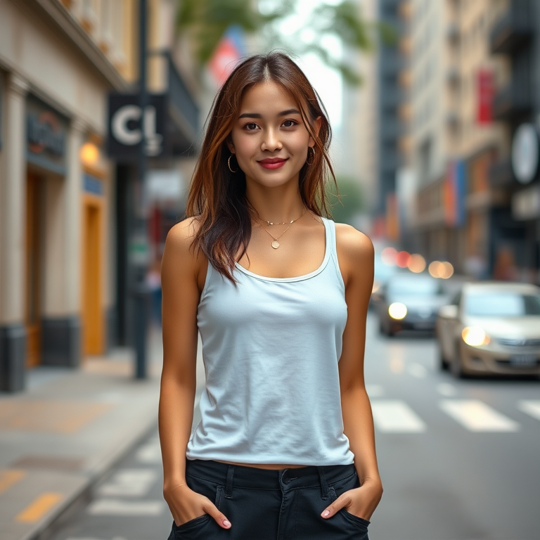 Portrait of a young woman standing confidently in an urban street setting, wearing a white tank top and black shorts, with blurred city background, shot with a Canon EOS R5, 50mm lens, f/1.4, ISO 100, natural light, shallow depth of field, and vibrant colors.