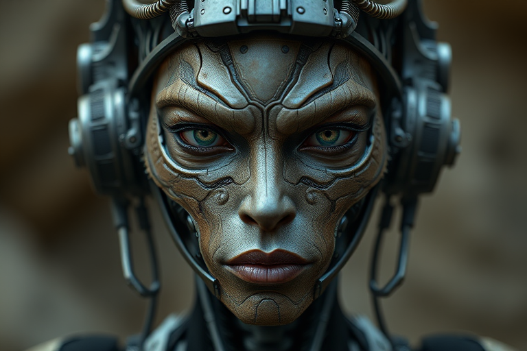 Create a hyper-realistic portrait of a humanoid figure with intricate biomechanical features, frontal view, soft focus lens, f/1.8 aperture, ISO 100, 50mm lens, and natural lighting for enhanced detail and texture.
