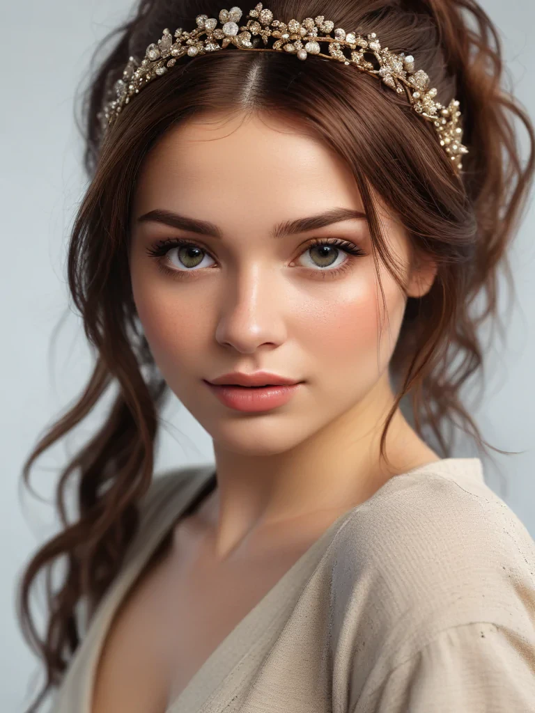 Elegant Portrait of a Young Woman with a Floral Headpiece and Radiant ...