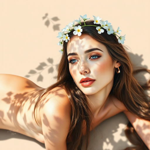 create a watercolor painting of an ethereal portrait of beautiful Turkish woman with a simple white flower crown on her head. Her hair is long and she is lying on the ground. The sunlight on the trees casts shadows from the leaves on her face and body. The background is a neutral brown color that matches her skin tone. The image is minimalist and solid colors. This style is characterized by soft, delicate brushstrokes and a light, airy, contrasting color palette. High level of detail and play of light