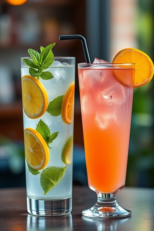 two refreshing cocktails with vibrant colors, one a clear drink with lemon slices and mint leaves in a tall glass, the other a pink-orange drink in a curved glass with lemon and orange garnishes, shot with a Canon EOS 5D Mark IV 50mm f/1.8 lens at f/2.8, ISO 100, natural lighting with a shallow depth of field to create a soft background blur