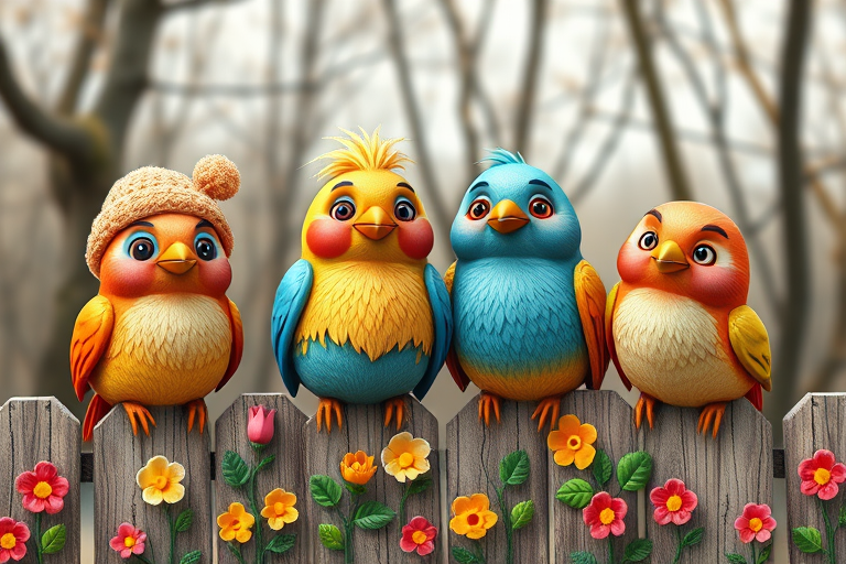 create a scene of 4 quirky  whimsical colourful comical birds each with a funny expression. they are sat on a wooden fence with colourful flowers. they are all different sizes. each one is a different colour  one is wearing a woolly hat. Each one has a different quirky google expression and there is a muted background of trees watercolour paintierly style high definition 8k resolution 3D paper mache