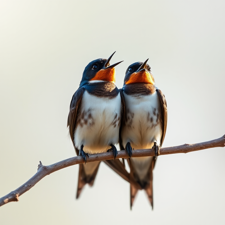 Create an image of two swallows sitting on a branch, one bird with its beak open as if singing, soft focus background, natural light, aperture f/5.6, shutter speed 1/250 sec, ISO 400, DSLR camera with a 200mm lens.