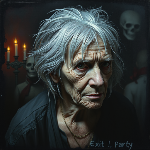 Final exit party. Dark Moody impasto dark picture edges. old woman. grey untidy hair streaked with white and pastel muted colours. include whole head and neck and shoulders. death lurks in the background.