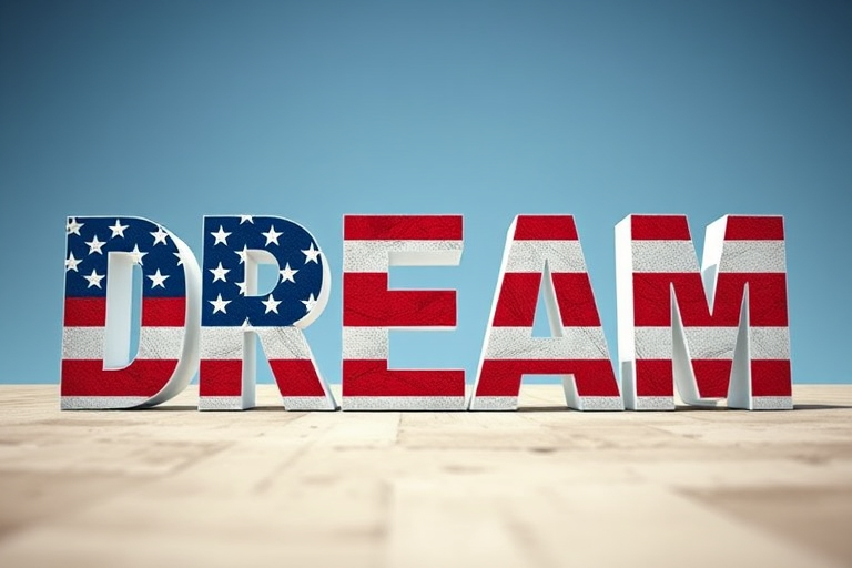 Create an image featuring the word DREAM filled with the American flag design, using a high-resolution DSLR camera, 50mm lens, f/1.8 aperture, shot from a low angle view with natural lighting for vibrant colors and sharp details.