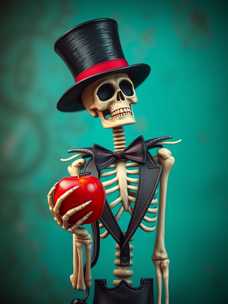 Create a detailed illustration of a skeleton in a top hat and suit, holding a red apple, with a vibrant turquoise background, using a Canon EOS R5 camera, f/2.8 aperture, 50mm lens, ISO 100, and a soft focus style for a dynamic effect.