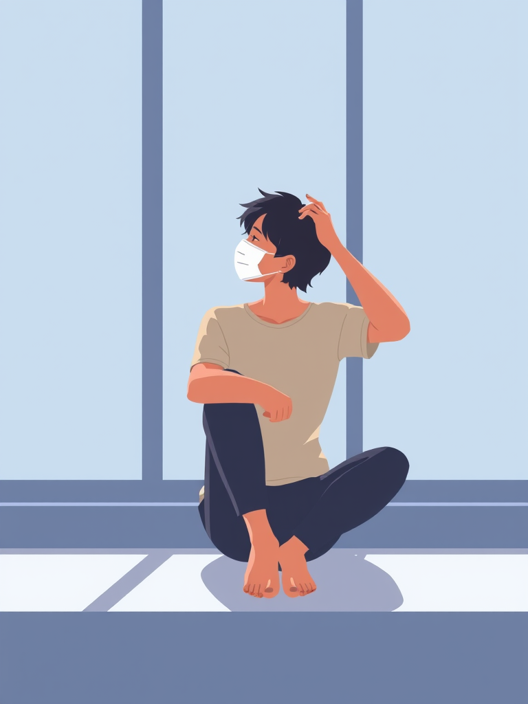 Create a digital illustration of a person sitting by a large window, wearing a mask, with a contemplative expression, holding their head, in a minimalist style with a muted blue background, using a Canon EOS R camera, 50mm lens, f/1.8 aperture, 1/125 sec shutter speed, and natural light for enhanced clarity and depth.