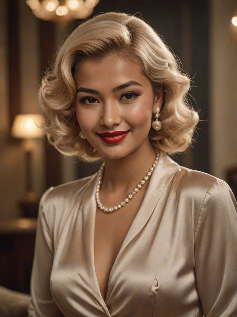 A beautiful Nepali woman reminiscent of 1950s Hollywood glamour, with perfectly styled blonde hair and a seductive smile, dressed in a satin blouse and adorned with pearls, soft and warm tones, photorealistic, 8K
