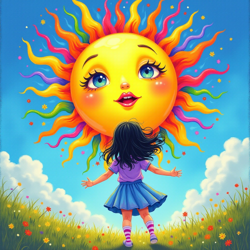 A depiction, in colorful paints, of a little girl, back to the viewer, short stripy socks, lilac and blue dress, arms outstretched, long black wavy hair being blown by the breeze, bight summer's day, up in the blue sky a giant colorful sun face, with pretty eyes, pink lips, colorful swirls, and rainbow colored flames shooting off in all directions