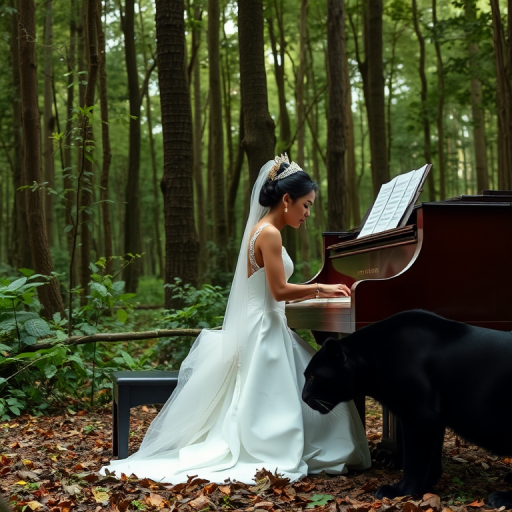 A Thai woman in a wedding dress plays the piano in the forest and a big black panther is crouching beside her.