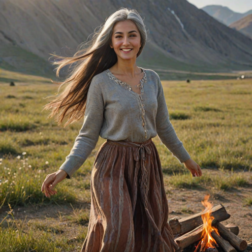 ultrarealistic, Delightful Tajik woman, pirouette on her head, gray hair, long straight hair, she is wearing Spring clothes, the sun gently illuminates her hair. Ultrarealistic skin, stands in the meadow, 1 girl, age - about 33 years old, swarthy complexion, ultrarealistic skin, smiles gently, stands near the campfire. She looks sexy