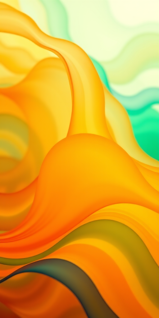 Generate a vibrant abstract image with flowing waves of orange, green, yellow, and blue colors, focusing on smooth gradients and dynamic patterns, captured using a Canon EOS R5, 50mm lens, f/1.8 aperture, ISO 100, at a high shutter speed of 1/500s, employing a macro photography style for enhanced detail and clarity.