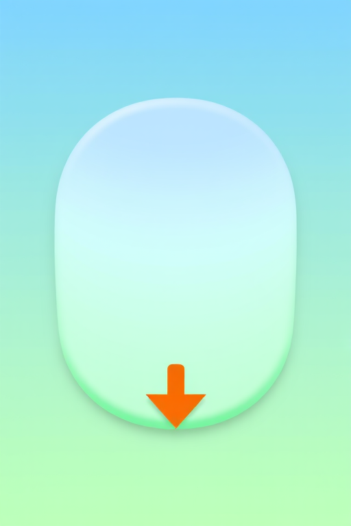Create an image of a smooth, oval gradient button that transitions from a light blue at the top to a soft green at the bottom, with a bold orange arrow curving downward into the center, using a DSLR camera with a 50mm lens, aperture set to f/2.8, ISO 100, shot in natural light from a top-down view to enhance clarity and vibrancy.