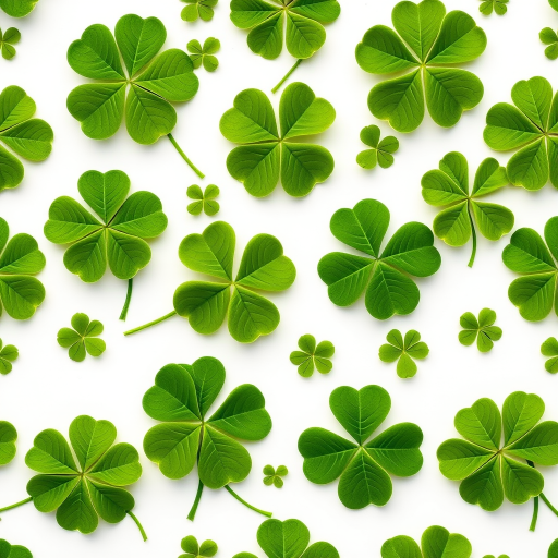 Create a seamless pattern of green leaf clovers on a white background with high detail, shot with a Canon EOS R5, 50mm lens, aperture f/4.0, ISO 100, natural light for optimal clarity and color vibrance.