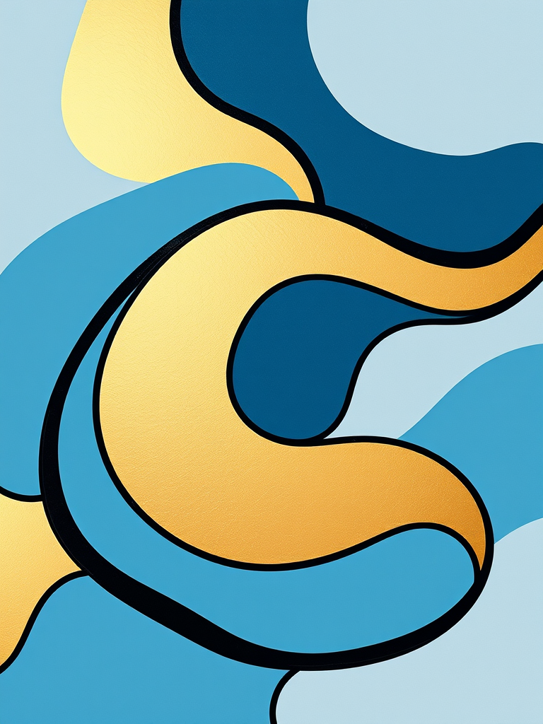 Create an abstract design featuring flowing, wavy shapes in shades of blue, gold, and taupe with bold black outlines, captured using a Canon EOS R5 with a 50mm f/1.2 lens at f/8, ISO 100, shot in natural light from an overhead angle for enhanced vibrancy and detail.