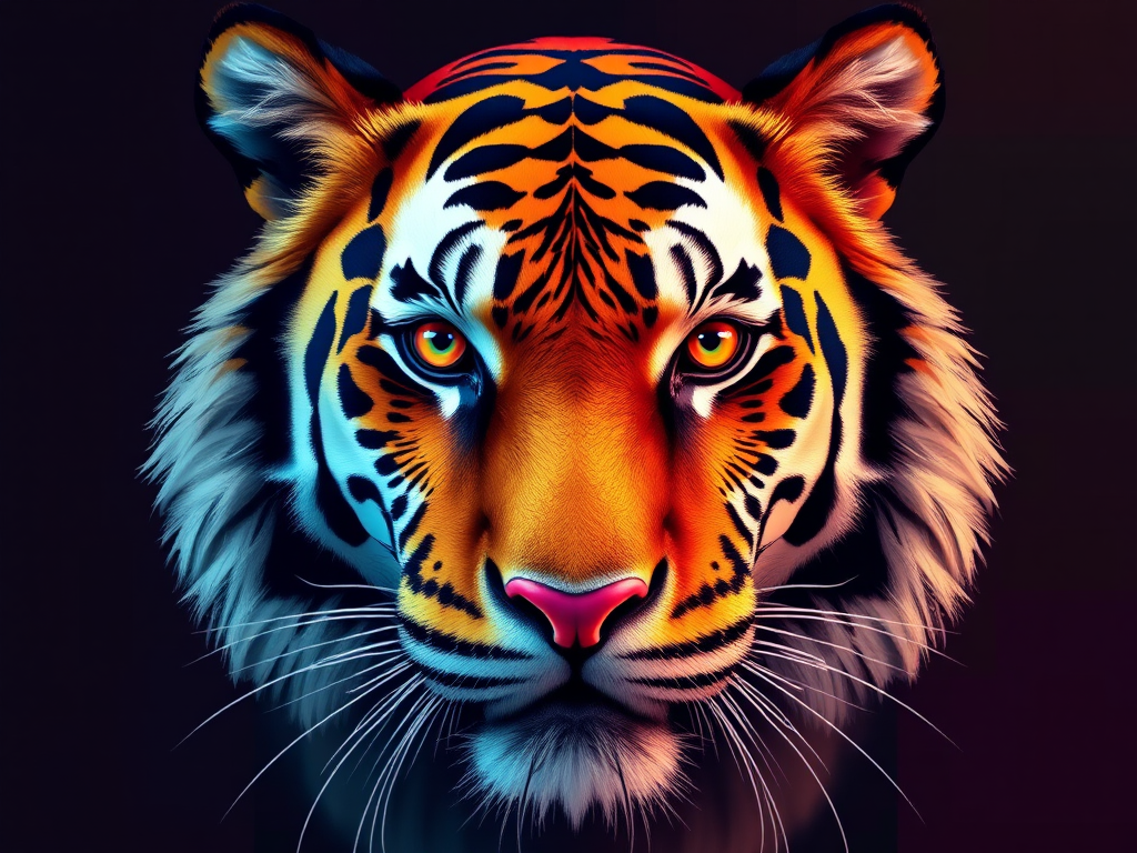 Create a vivid, high-resolution digital illustration of a tiger's face in a colorful geometric style with sharp contrasts and vibrant hues, captured with a Canon EOS R5, using a 50mm f/1.2 lens, at f/8, ISO 100, in a studio setting with controlled lighting to emphasize details and textures.