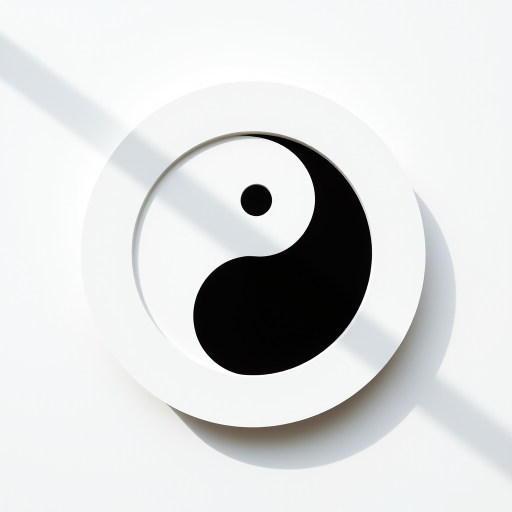 Create a high-contrast, minimalist image of a yin-yang symbol, using a DSLR camera with a 50mm lens at f/1.8, ISO 100, 1/200s shutter speed, shot from an overhead view with soft natural lighting for enhanced clarity and depth.