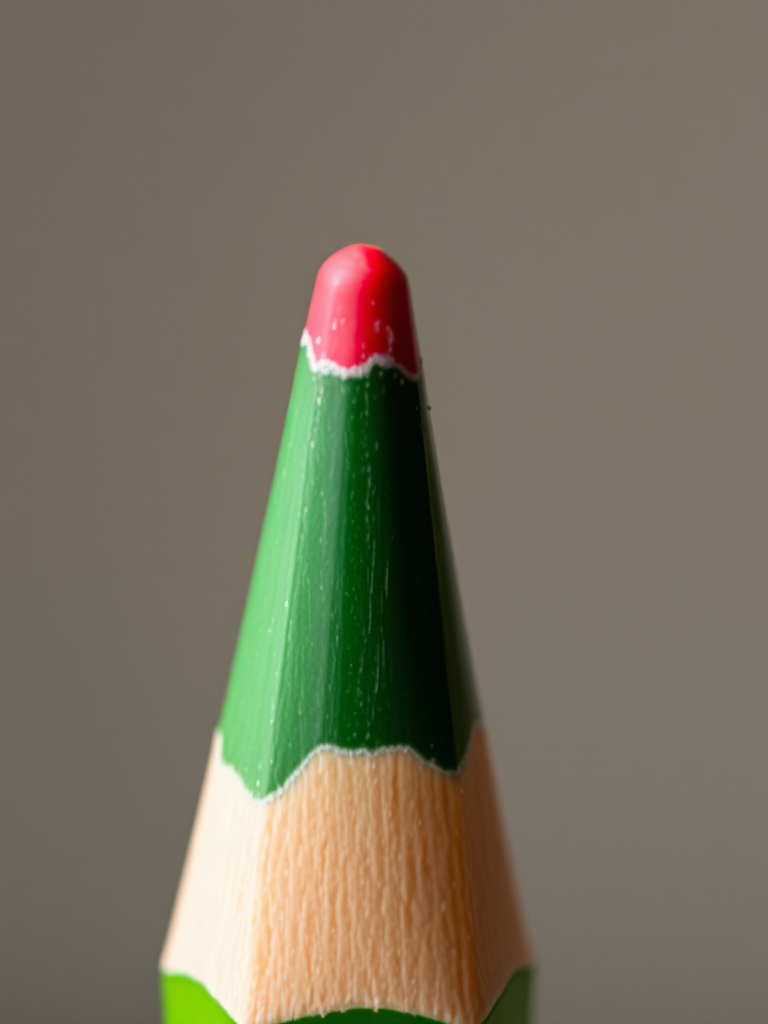 Create a high-resolution image of a green pencil with a red eraser, captured in soft natural light using a macro lens at f/2.8, 1/100s shutter speed, and ISO 200, with a shallow depth of field to enhance the pencil's details and colors against a blurred background.
