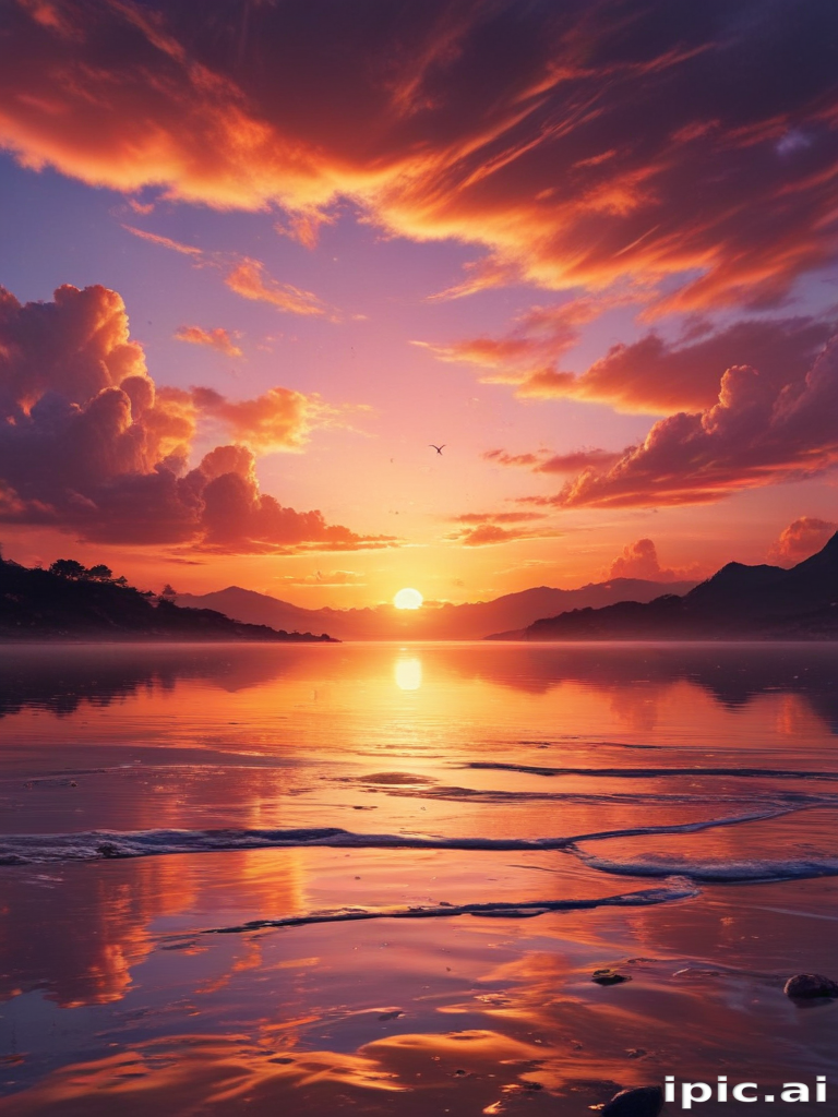 Breathtaking Sunset Over Tranquil Waters with Colorful Clouds and Mountains