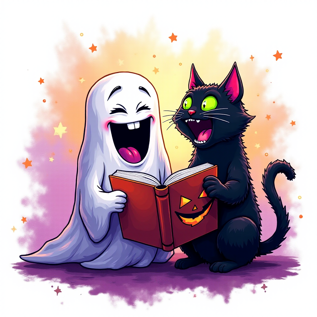 Image of a ghost and a black cat laughing exaggeratedly , and reading a comic halloween comic book, alcohol ink airbrush style, funny halloween theme, white background with neon purple, neon orange, neon green splash, black sparkles stars , dazzling BG