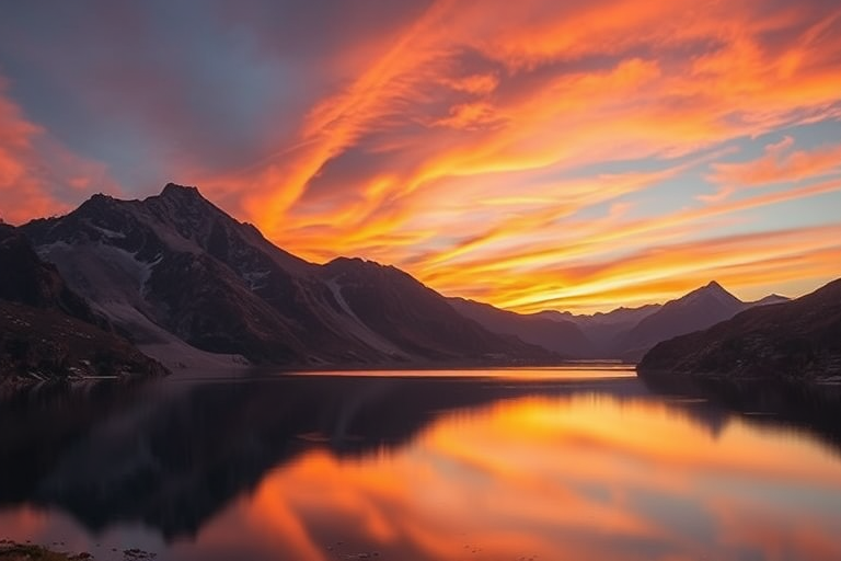 Create a high-resolution image of a serene mountain landscape at sunset, with vibrant colors in the sky reflecting on a calm lake, using a Nikon D850 with a 24-70mm f/2.8 lens, set at f/5.6, ISO 100, and a shutter speed of 1/125 sec, captured from a tripod at eye level for a wide-angle perspective.