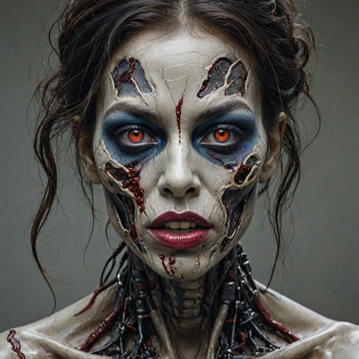 (perspective) of A creepy (ethnicity) zombie cyborg with (descriptive color) skin, (color) lipstick (color) liquid flowing from her eyes and mouth, (perspective two) portrait, (camera angle), extremely detailed, (art style) in the style of Yoshitaka Amano and Tetsuo Hara. --ar 85:128 --style raw --niji 6