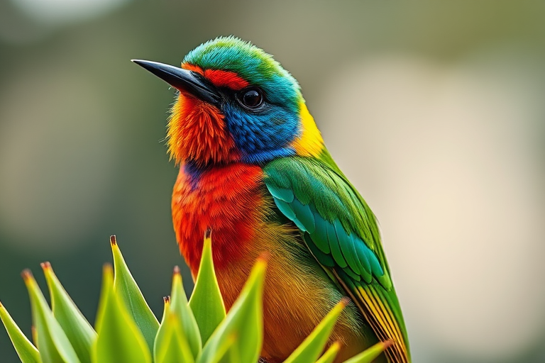Generate a vibrant close-up image of a colorful bird perched on a green plant, using a Canon EOS R5 camera with a 100mm f/2.8 macro lens, aperture set to f/4, ISO 200, shutter speed 1/500s, in natural soft lighting for enhanced detail and texture.