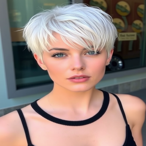 Textured pixie cut in cool-toned platinum, featuring choppy layers and piece-y bangs, exuding effortless cool-girl vibes and urban chic