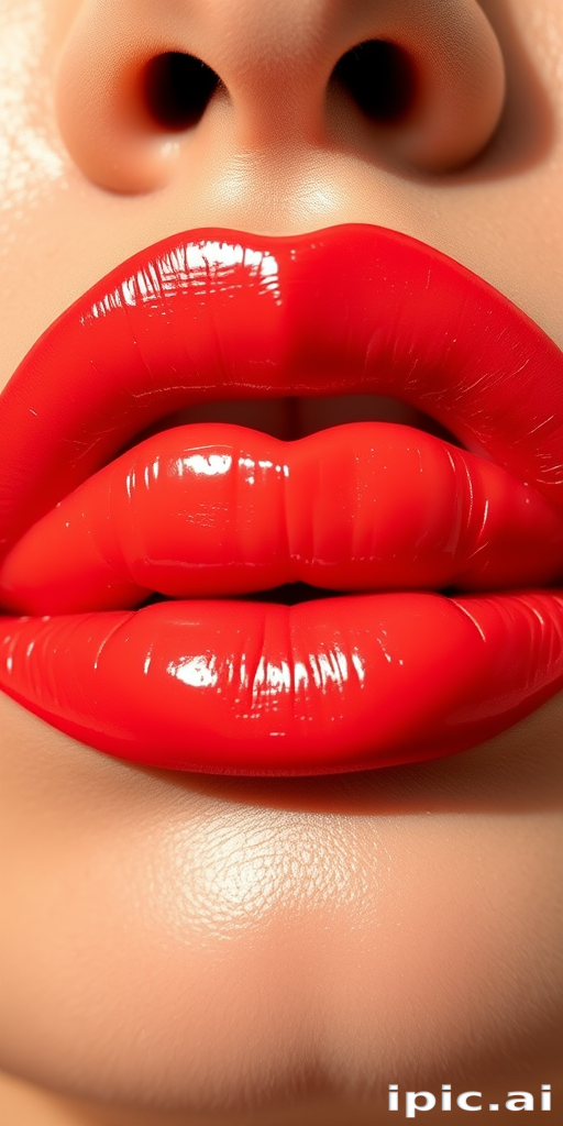 Vibrant coral-red lips with a glossy finish, showcasing a plump and full appearance, expertly lined for a perfect shape, reflecting light for a luscious and inviting look