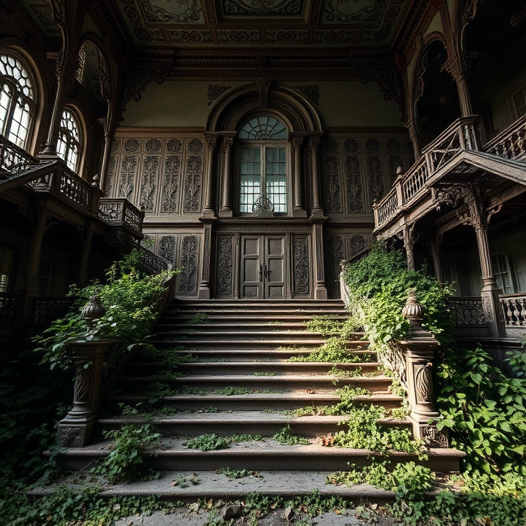 Create a highly detailed, atmospheric image of an abandoned mansion with intricate architecture, overgrown steps leading up to a grand entrance, captured in soft natural lighting, using a DSLR camera with a 50mm lens, f/2.8 aperture, ISO 100, and a focus on depth of field to enhance textures and colors.