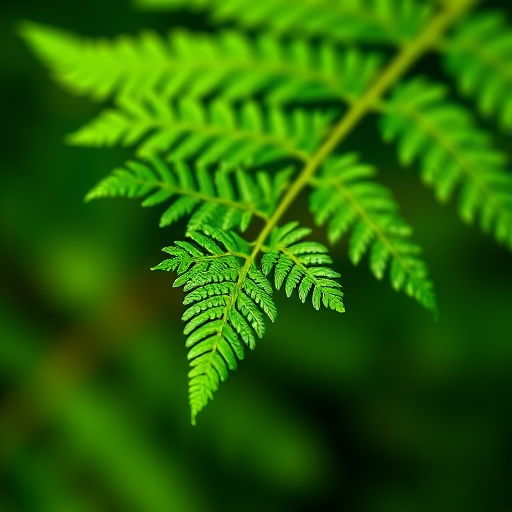 Create a high-resolution image of a fern leaf with vibrant green colors, using a macro lens, f/2.8 aperture, 50mm focal length, natural lighting, and a shallow depth of field to highlight the intricate details of the leaf.
