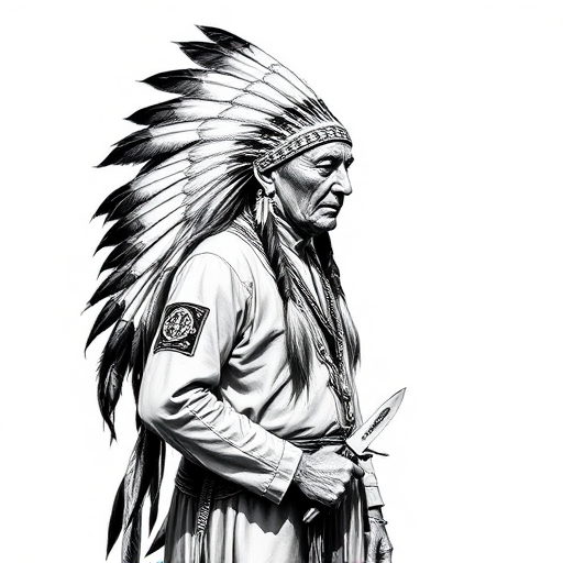 Create a highly detailed black and white illustration of a standing Native American figure with a feather headdress and a knife, captured with a Canon EOS 5D Mark IV at f/8, ISO 100, 50mm lens in portrait orientation to enhance texture and clarity.