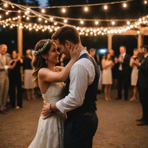 Blurry, candid shot of a wedding couple dancing under string lights, soft glow from the bulbs illuminating their faces, distant guests watching with smiles, and the sound of soft music filling the evening air.