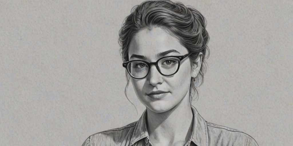 Lovely Shailene Woodley, pencil sketch, portrait of Delightful woman 1946s in glasses, hair style beatnik, outline, clear lines, fine lines, 8k
