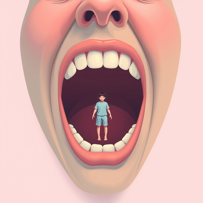 Create an illustration of a face with a large open mouth featuring a small person trapped inside, use soft pastel colors, with a focus on surrealism, shot with a 50mm lens at f/1.8, in a flat lay style, using a digital illustration technique for enhanced clarity and detail.