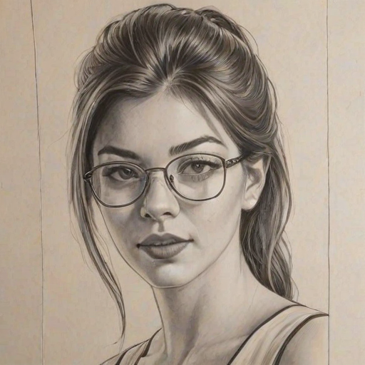 Superb Kira Kosarin, pencil sketch, portrait of Enticing woman 1977s in glasses, hair style beatnik, outline, clear lines, fine lines, 8k