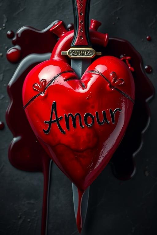 Create an image of a bleeding heart pierced by a dagger with the word "Amour" written on it, captured with a DSLR camera, 50mm lens, f/1.8 aperture, ISO 100, and 1/200 sec shutter speed in a top-down view with soft lighting for enhanced detail and contrast.