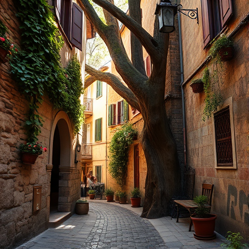 a narrow cobblestone alleyway surrounded by rustic stone buildings adorned with ivy and blooming flowers, softly lit by warm morning sunlight streaming through, a large gnarled tree on one side, a vintage lantern hanging above, photorealistic style, shot with a Canon EOS R5, 35mm lens, f/8 aperture, ISO 100, 1/200s shutter speed, with focus on the foreground details and soft bokeh in the background