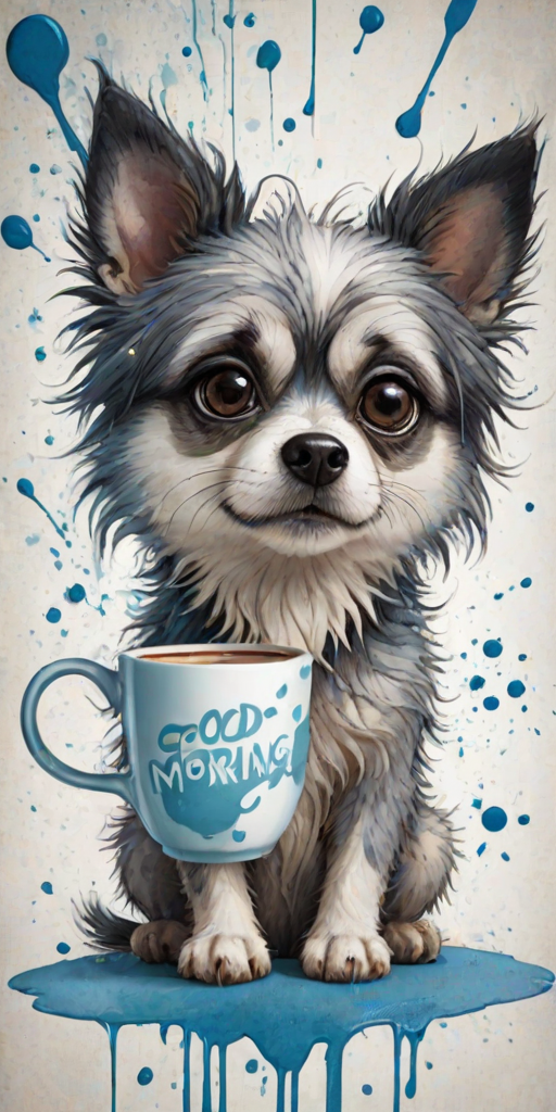 A quirky, artistic illustration of a disheveled chinaranian dog breed with exaggerated, large eyes and spiky fur, holding a coffee mug that reads "Good Morning". The dog has a tired but humorous expression, with ink splatters and abstract details surrounding it, giving a whimsical feel to the image. The color palette is mostly monochrome with hints of blue in the eyes and steam rising from the mug, enhancing the overall sleepy vibe